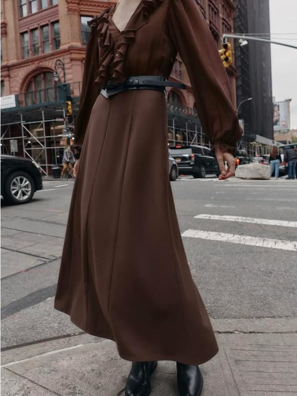 ZARA Chocolate Brown Ruffle V-Neck Long Sleeve Midi Dress